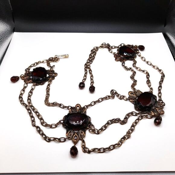 Vintage Hong Kong Boho Chain Belt Brown Glass Stones 32" Filigree 1960s - Picture 8 of 10